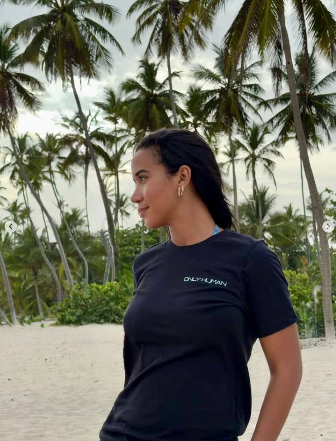 Only Human tee, worn on the beach